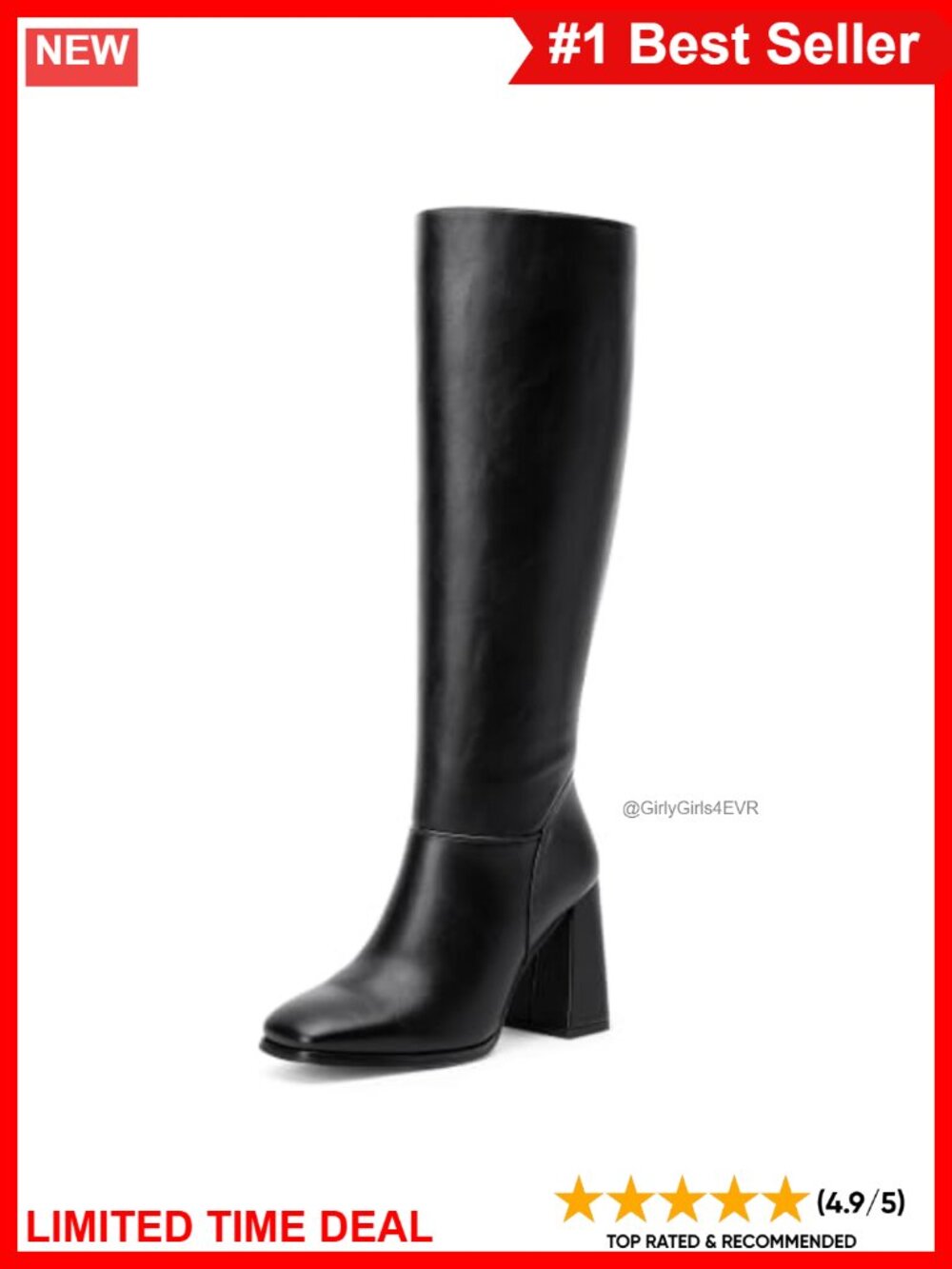 Faux Leather Knee High Chunky Block Heel Square Toe Side Zip Boots